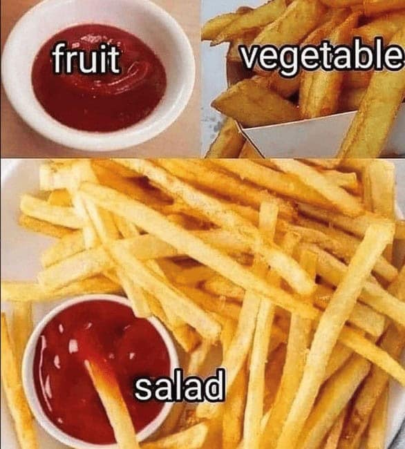 Funny tomato meme using flawed logic to classify french fries and ketchup as a "salad."