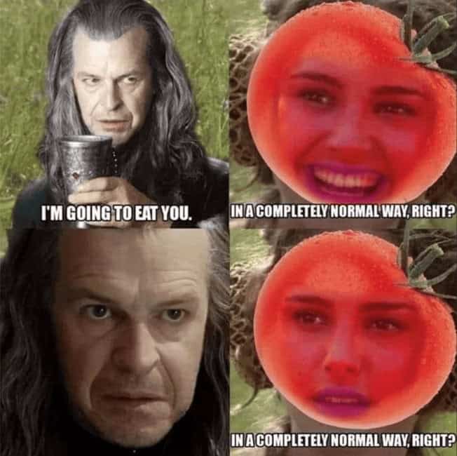 Cursed Lord of the Rings tomato meme of Denethor about to eat a Padmé tomato, making her nervous.