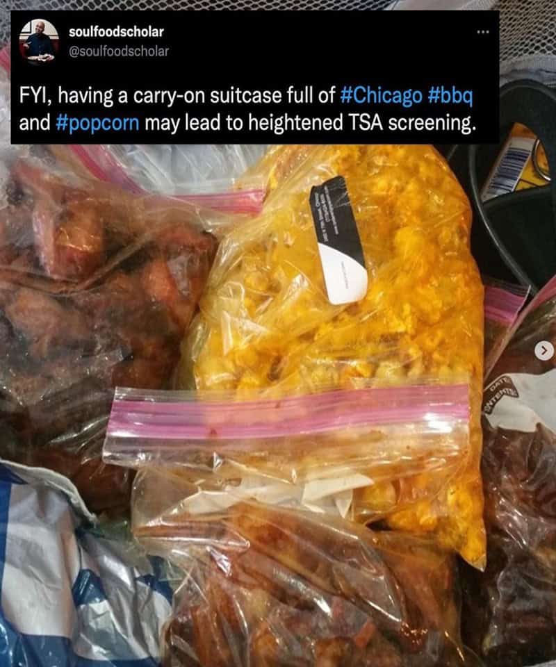 Suitcase packed with plastic bags of Chicago BBQ ribs and popcorn for screening.