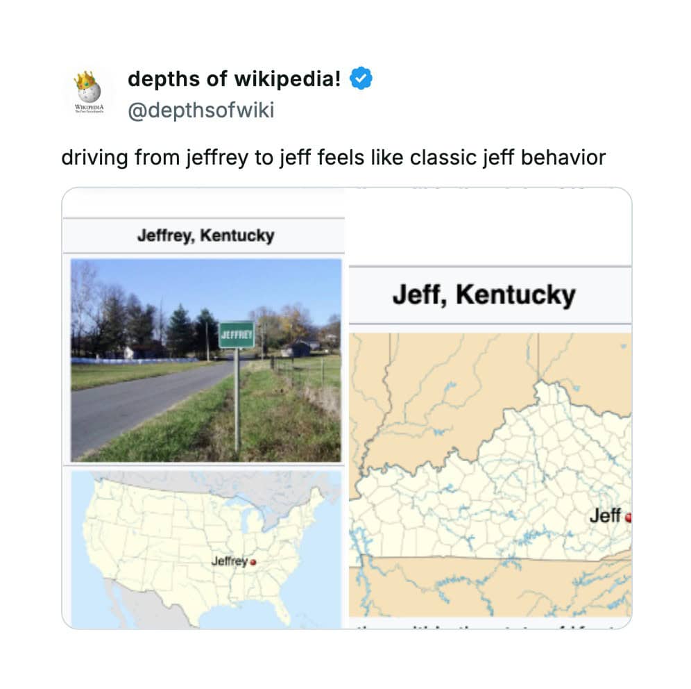 An unhinged Wikipedia entry comparing "Jeffrey, Kentucky" and "Jeff, Kentucky," captioned "classic jeff behavior."