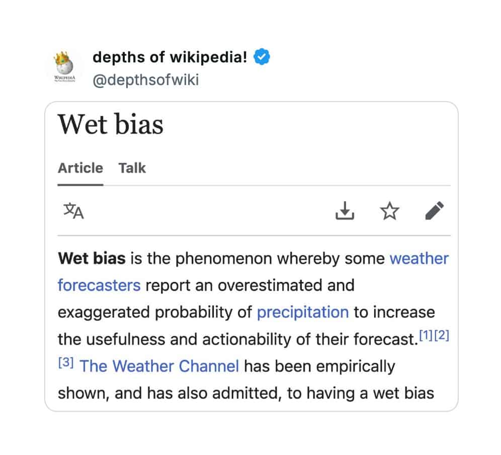 An unhinged Wikipedia article for "Wet bias," a real phenomenon where weather forecasters exaggerate the chance of rain.