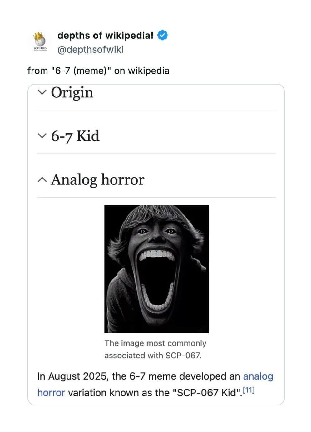 An unhinged Wikipedia entry for the "6-7 (meme)," showing a section for "Analog horror" with a scary image.