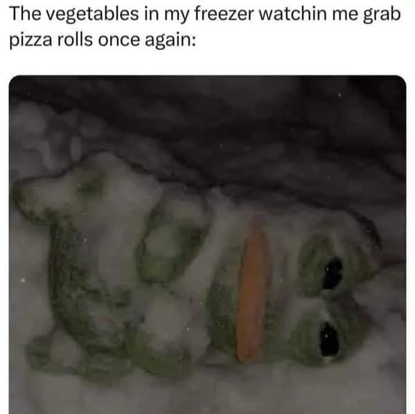 Vegetable meme of Pepe the Frog frozen and watching you eat pizza rolls