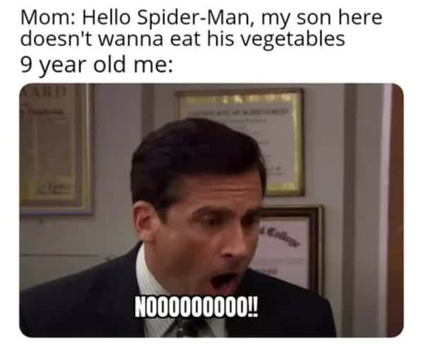 Vegetable meme showing Steve Carell screaming "NO" at vegetables.