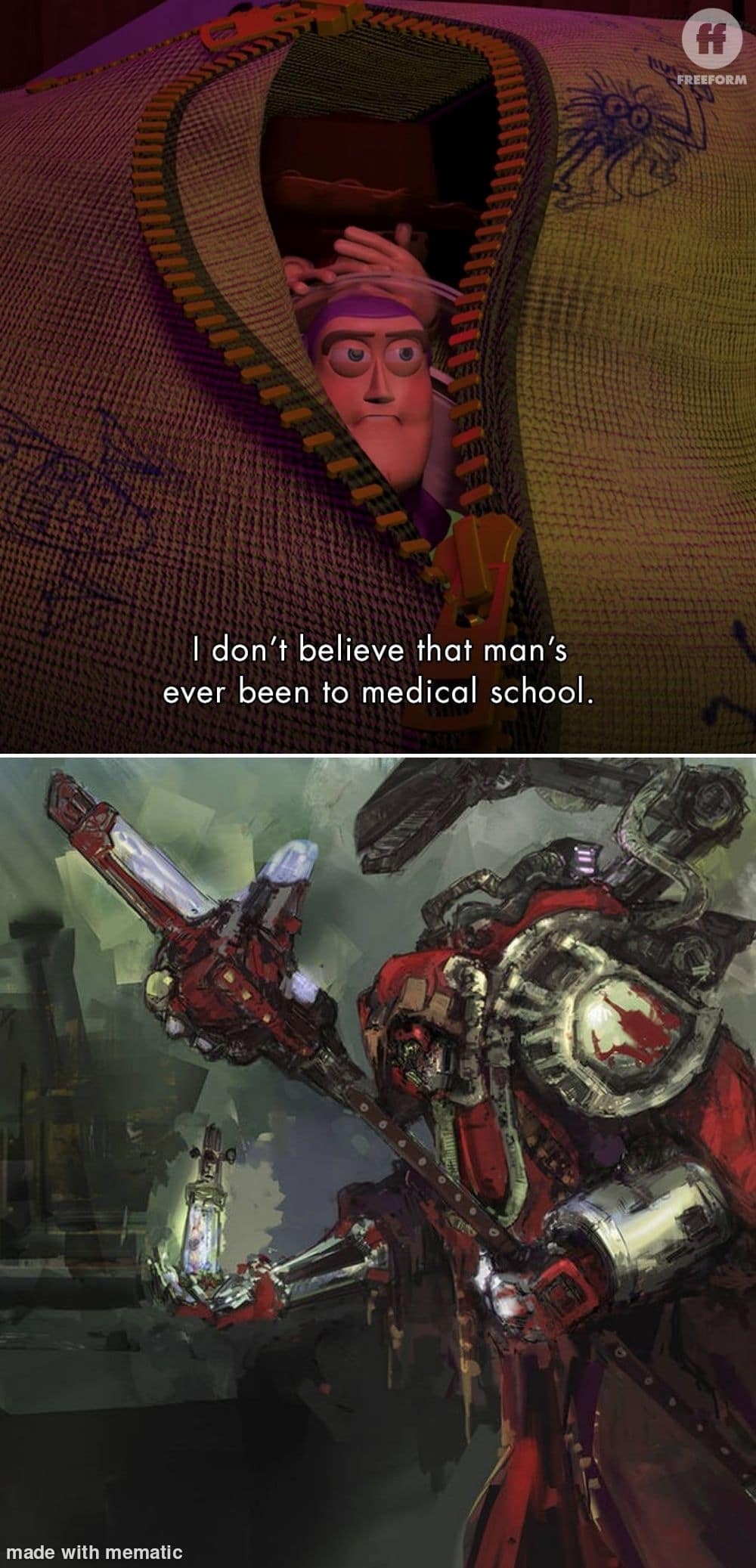 A warhammer 40k meme from Toy Story, where Buzz Lightyear sees an Adeptus Mechanicus "doctor" and says, "he's never been to medical school."