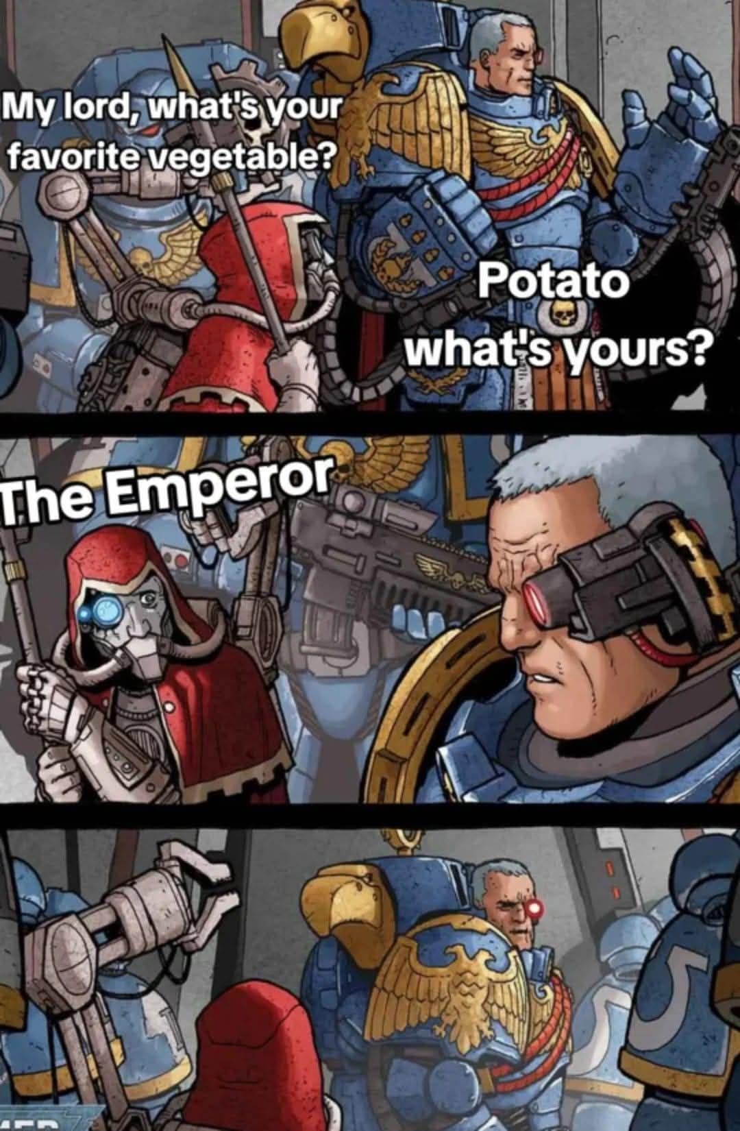 A warhammer 40k meme where a Tech-Priest tells a Space Marine his favorite "vegetable" is "The Emperor," and the Marine gets angry.