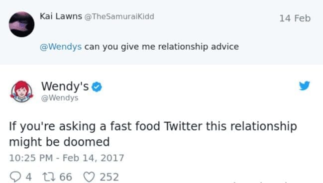 A hilarious Wendy's social media reply to a user asking for relationship advice, saying their "relationship might be doomed."