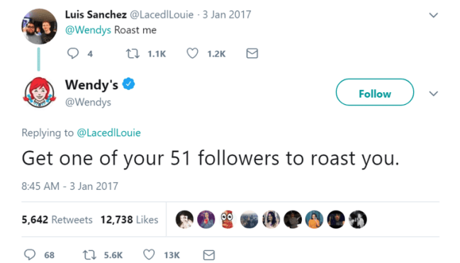 A brutal Wendy's social media roast where they tell a user "Get one of your 51 followers to roast you."