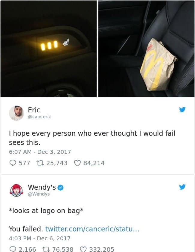 A classic Wendy's social media roast, telling a user with a McDonald's bag, "You failed."