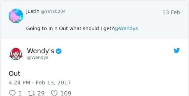 A short, funny Wendy's social media roast, telling a user at In-N-Out to simply "Get... Out."