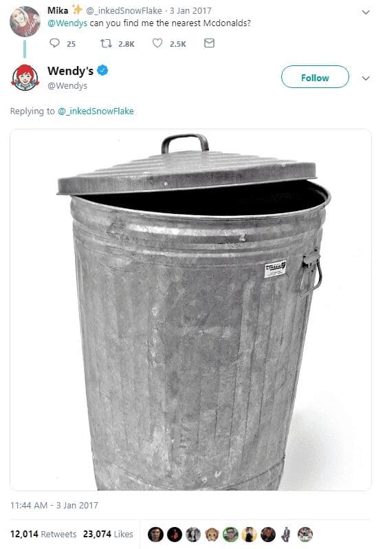 A brutal Wendy's social media roast: replying with a trash can when asked to find a McDonald's.