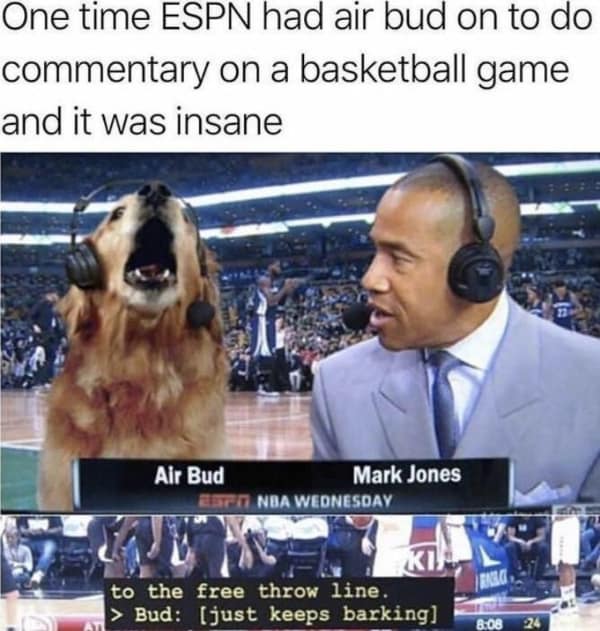 A wholesome meme of Air Bud on ESPN, "commentating" on a basketball game by just barking.
