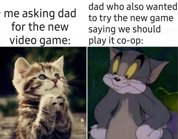 Kitten begging and Tom the Cat looking pleased in a wholesome meme about gaming dads.