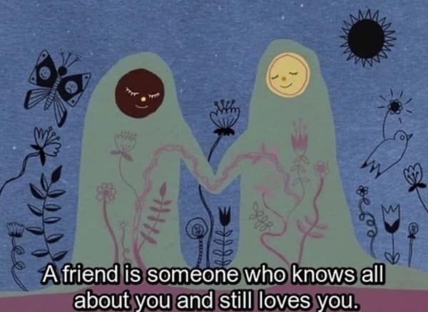Artistic illustration of two souls connecting roots in a wholesome meme about deep friendship.