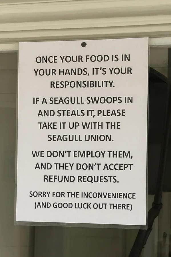 Funny restaurant sign warning customers to "take it up with the seagull union" if food is stolen.