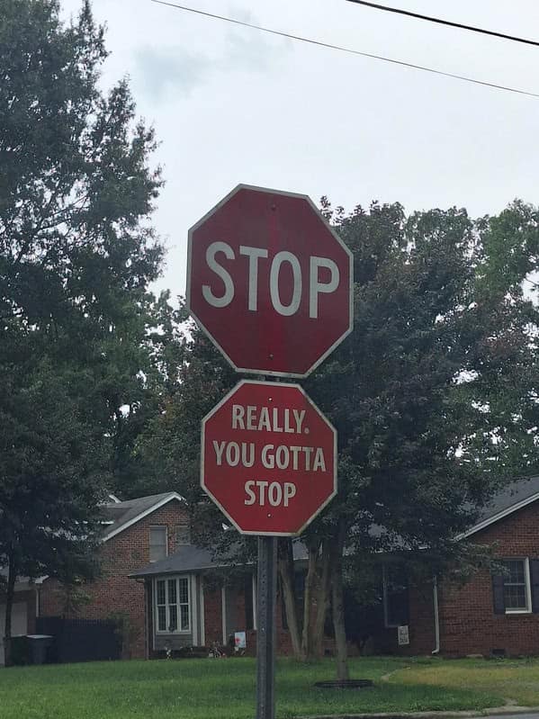 Image 8 Alt Text: A funny stop sign with a second, smaller stop sign underneath it that reads, "REALLY. YOU GOTTA STOP."