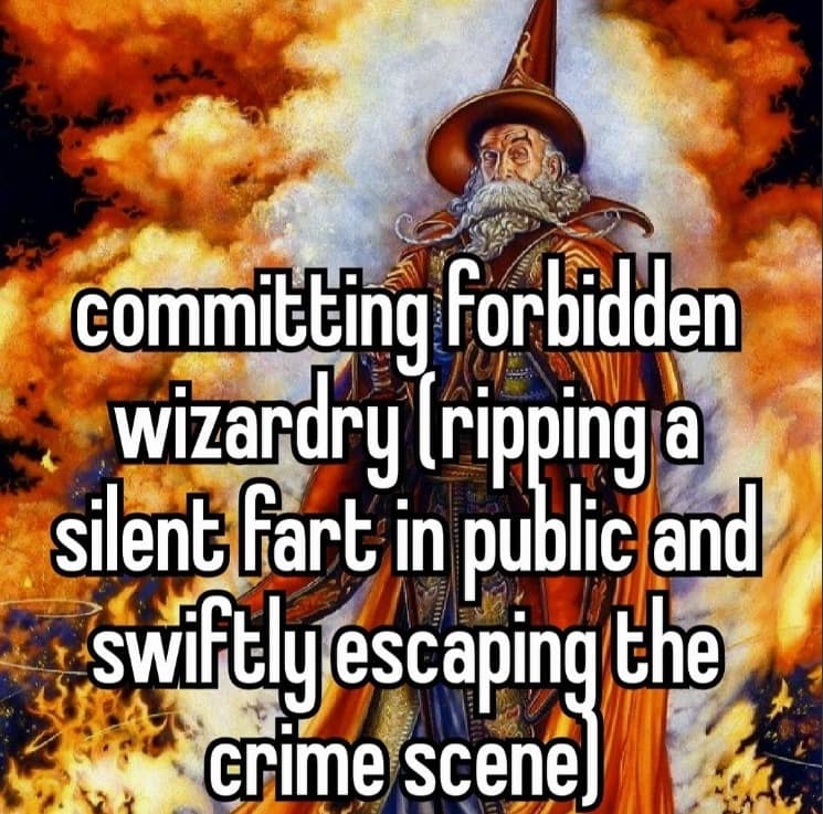 Wizard meme about committing forbidden wizardry by farting in public.