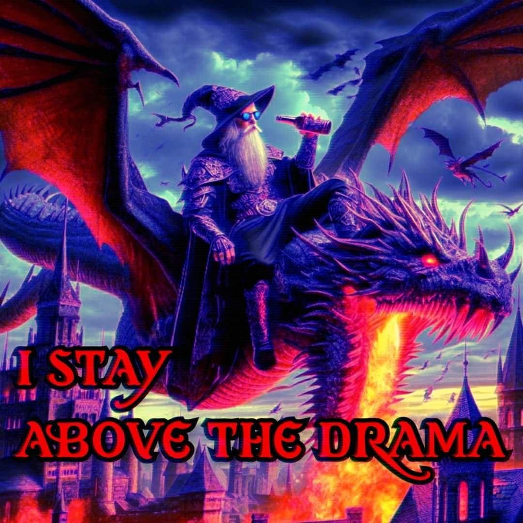 Wizard meme featuring a cool wizard on a dragon staying above drama