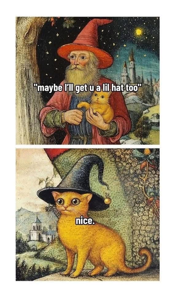 A funny wizard meme from a classic painting, showing a wizard giving his cat a matching hat.