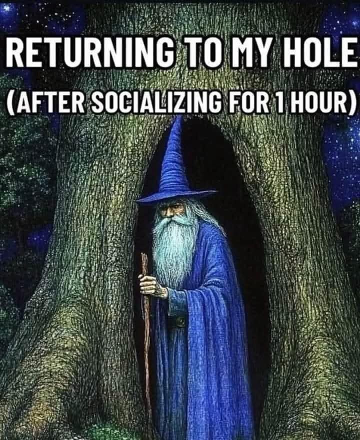 A classic wizard meme of a wizard with a staff returning to his "hole" in a tree after socializing for one hour.