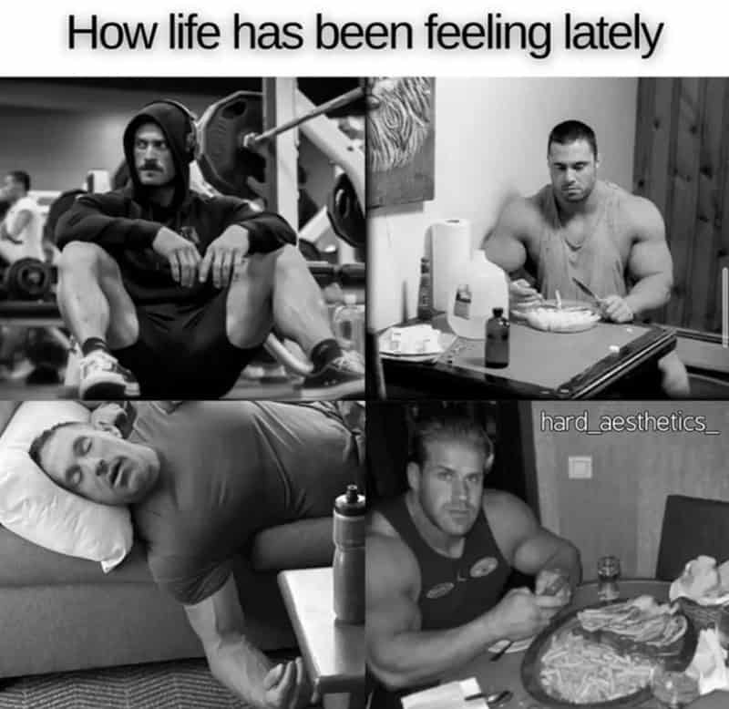 Montage of sad bodybuilders staring blankly representing the monotony of the fitness lifestyle.