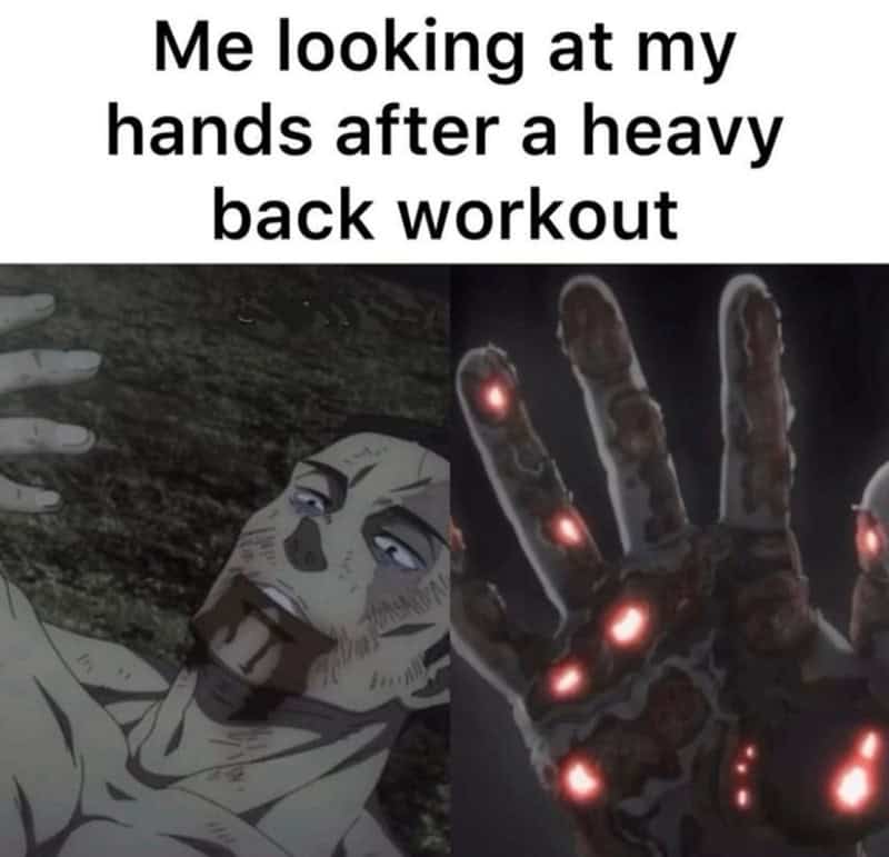 Anime character looking at trembling hands after a grueling heavy back workout session.