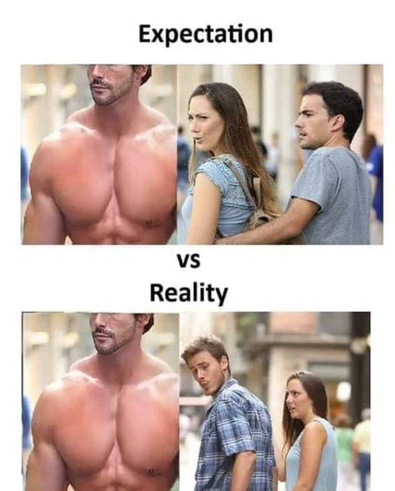 Distracted boyfriend meme showing bodybuilder checking out another man's muscles instead of girl.