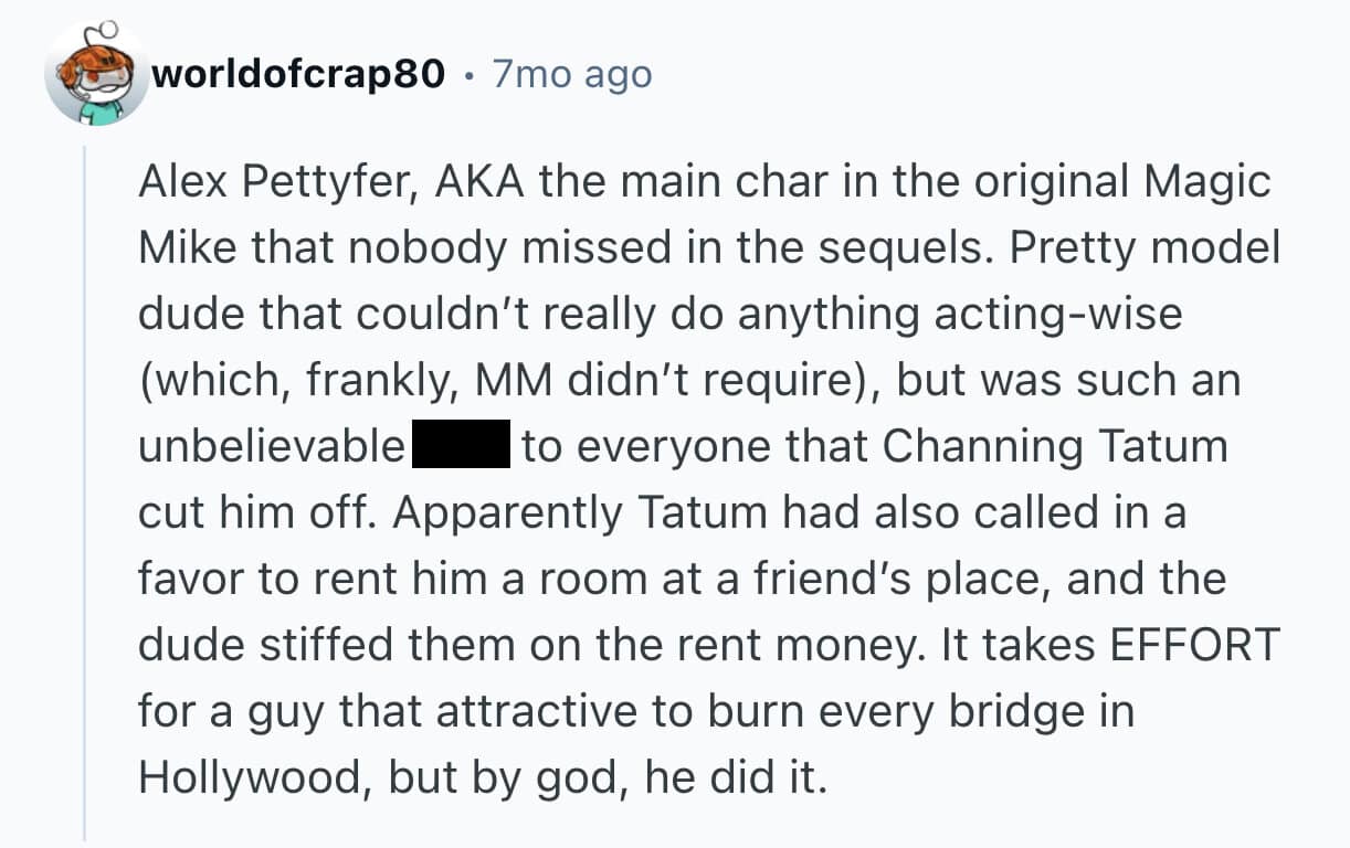 Reddit user explaining why Alex Pettyfer is a bad actor and burned bridges in Hollywood.