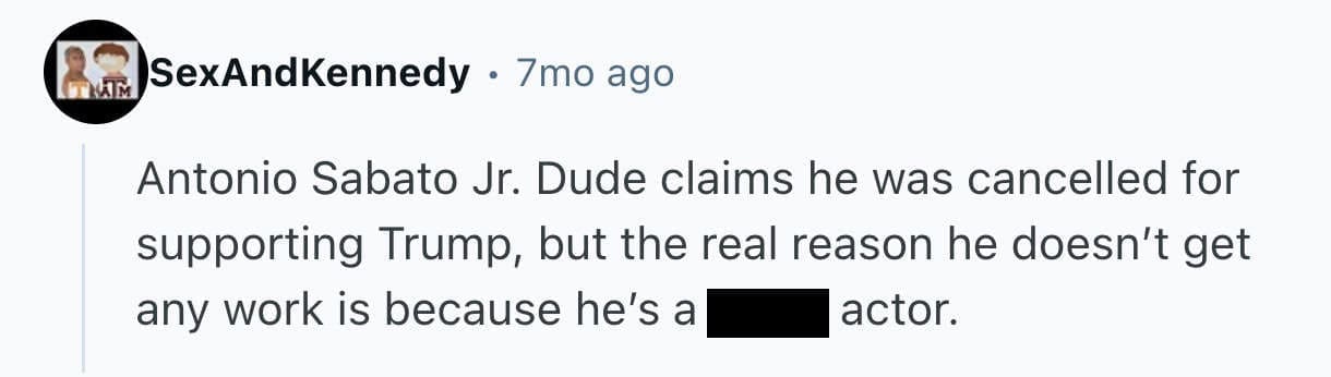 Reddit comment claiming Antonio Sabato Jr is simply a bad actor not a victim of cancel culture.