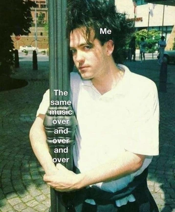 Robert Smith hugging a pole representing repetitive music taste in a 2025 Spotify Wrapped meme