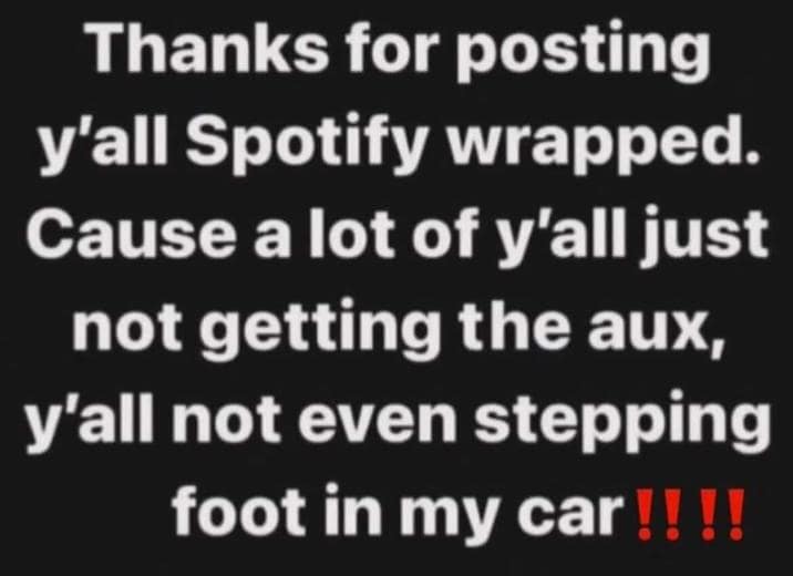 Warning about losing aux cord privileges based on music taste in a 2025 Spotify Wrapped meme