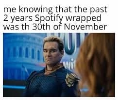 Homelander staring intensely knowing the release date in a 2025 Spotify Wrapped meme
