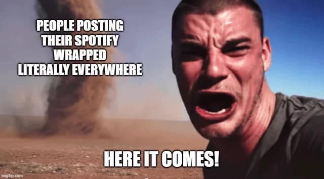 Man screaming at a tornado representing the flood of posts in a 2025 Spotify Wrapped meme