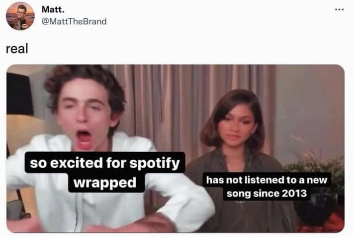 Timothee Chalamet excited and Zendaya unimpressed in a 2025 Spotify Wrapped meme