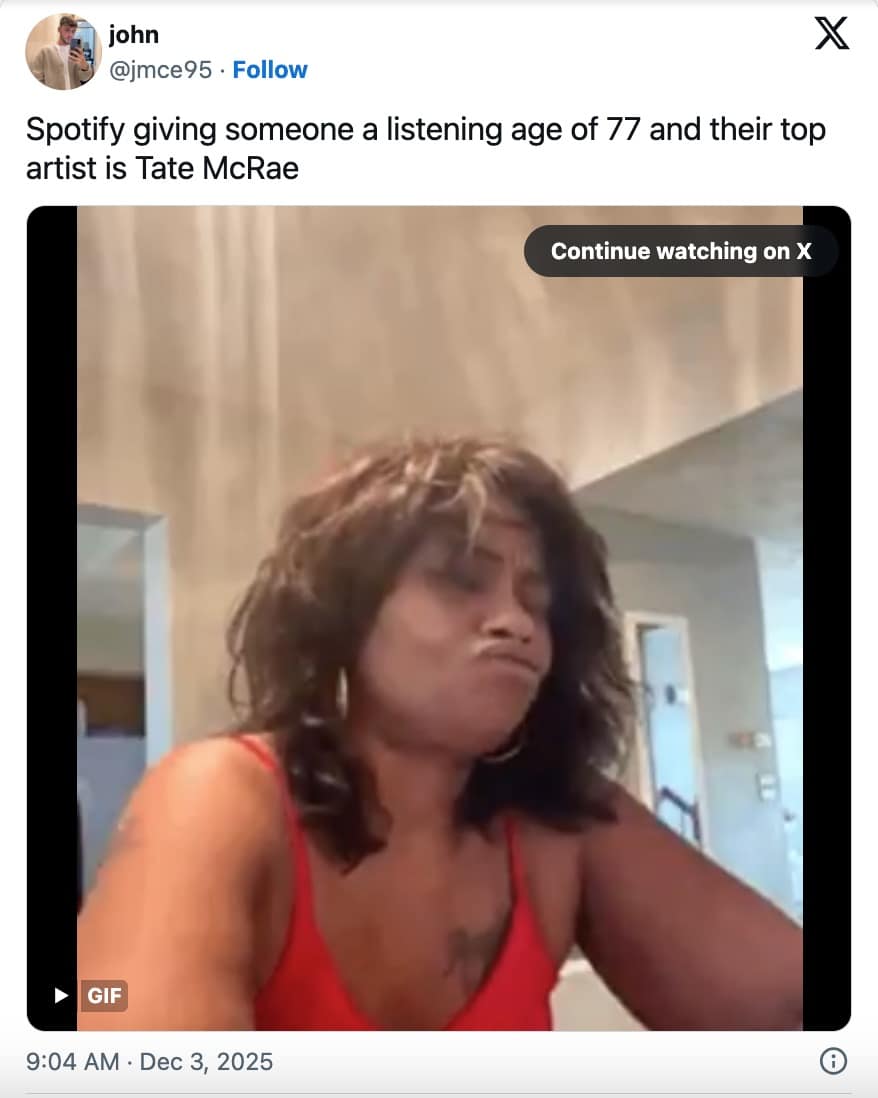 Confused woman reacting to a listening age of 77 in a 2025 Spotify Wrapped meme