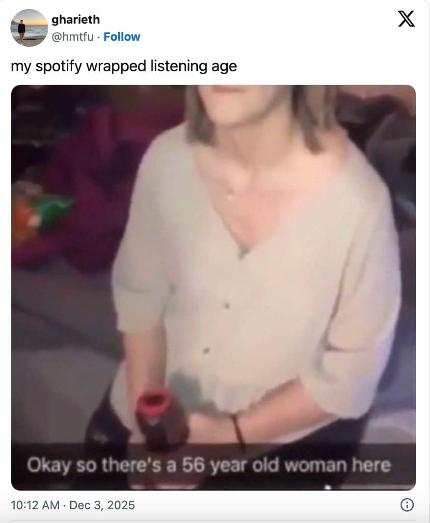 Tweet about tech surveillance rebranded as fun in a 2025 Spotify Wrapped meme