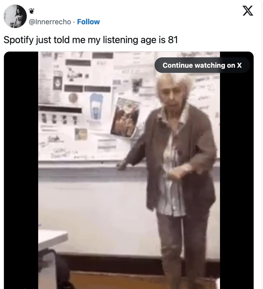 Old woman dancing representing a listening age of 81 in a 2025 Spotify Wrapped meme