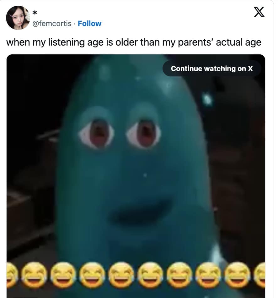 Blue character looking stunned about having an old listening age in a 2025 Spotify Wrapped meme