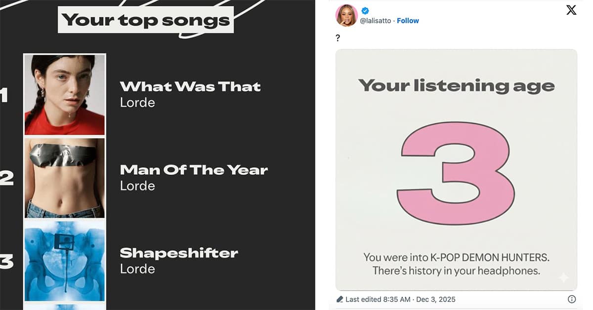 Collection of memes reacting to Spotify listening age and data tracking in a 2025 Spotify Wrapped meme