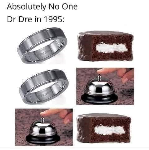 A 90s music meme comparing a ring and a bell to Dr Dre lyrics from 1995.