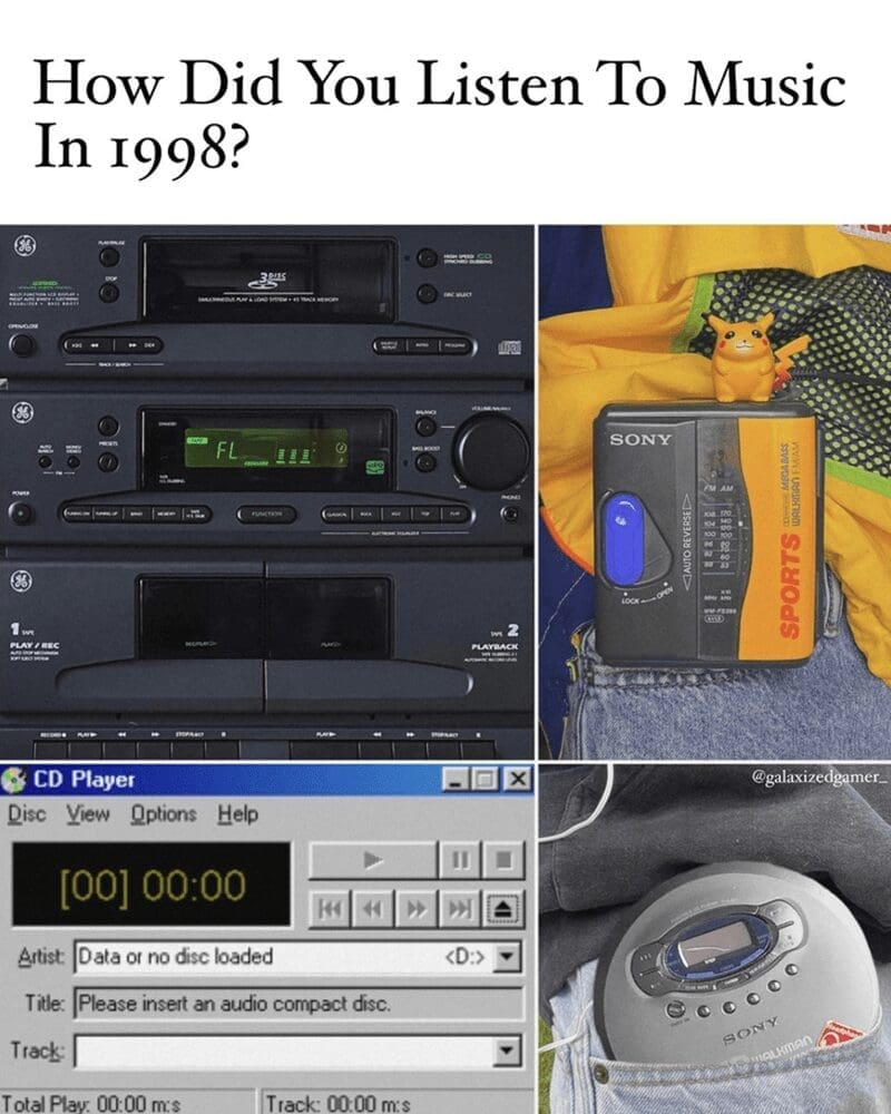 A nostalgic music meme collage showing a stereo system, a yellow Sports Walkman, and a Discman.