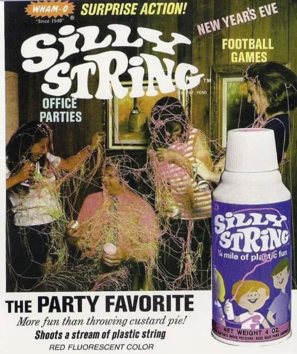 A 90s toy advertisement for Silly String showing a messy office party.
