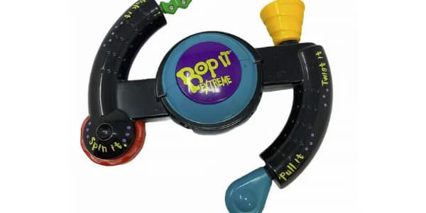 A 90s toy photo of the handheld game Bop It Extreme.