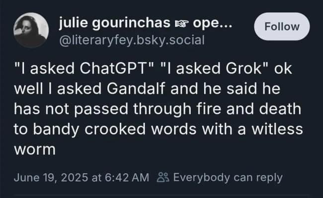 An AI meme showing a tweet comparing chatbots to Gandalf