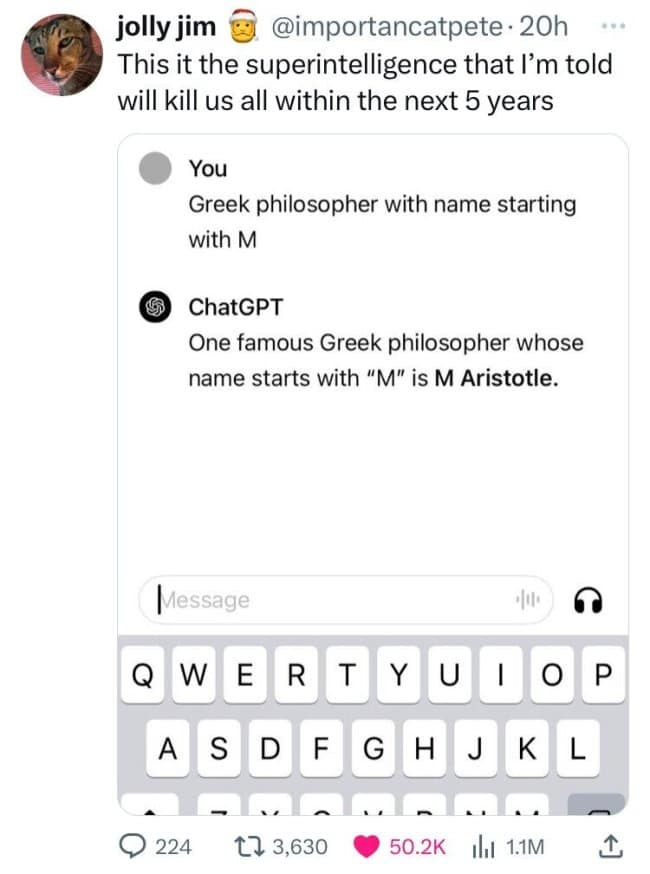 An AI meme showing ChatGPT failing to name a philosopher starting with M.