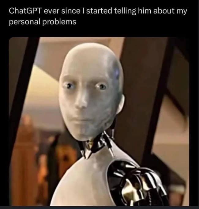 An AI meme of a robot looking traumatized by user trauma dumping