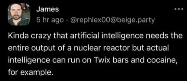 An AI meme comparing energy needs of computers versus humans