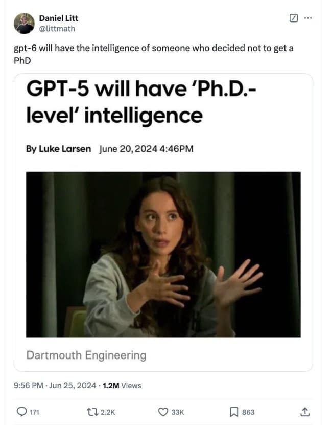 An AI meme mocking the claim that GPT-5 has PhD level intelligence