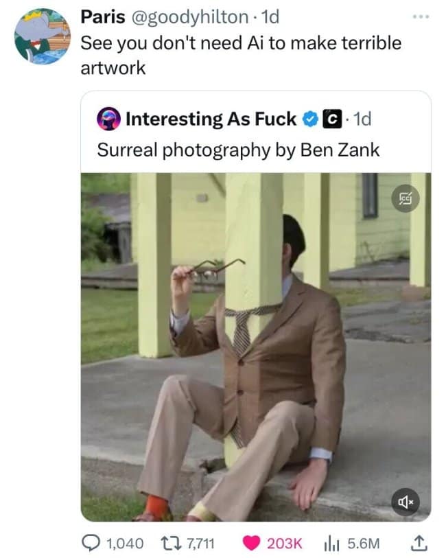 An AI meme mocking bad photography by comparing it to AI art