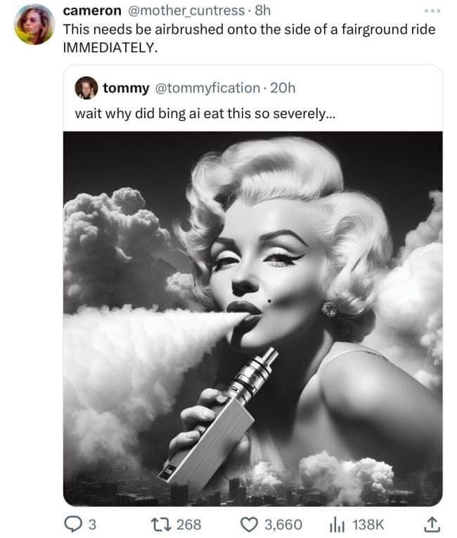 An AI meme showing a generated image of Marilyn Monroe vaping